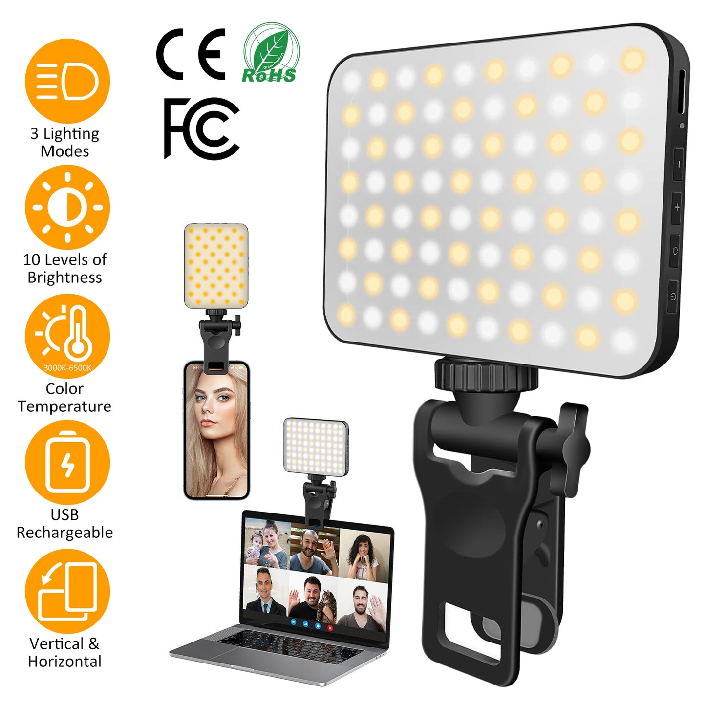 Rechargeable Selfie Light Fill 2000Mah Portable Clip On With 3 Modes 10 Brightn