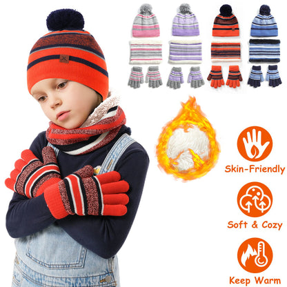 Winter Kids Knitted Hat Scarf Gloves 3Pcs Boys Girls Warm Beanie And Glove Set