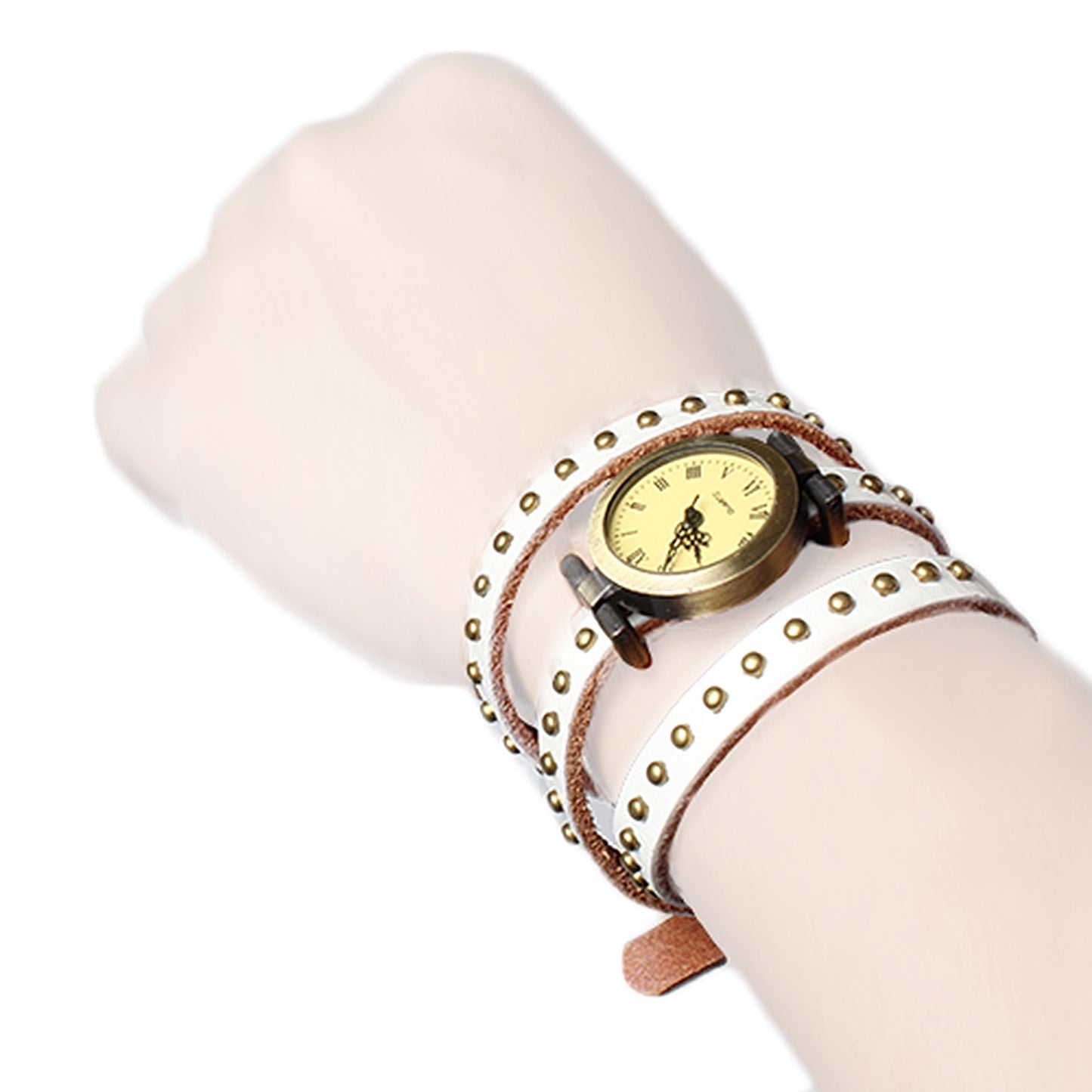 Fashionable Rivet Leather Belt Retro Watch Hand Chain-White C