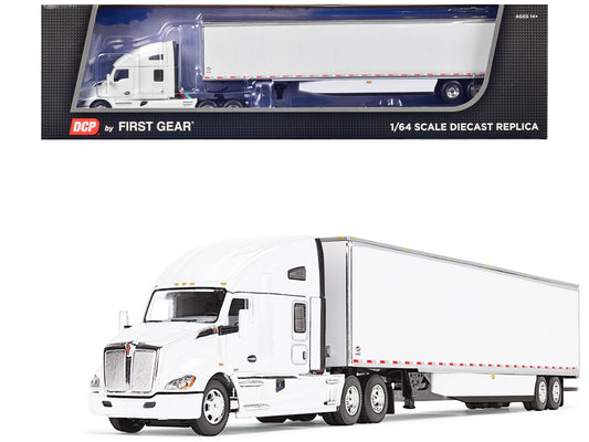 Kenworth T680 with 76" High Roof Sleeper and 53' Smooth Sided Dry Goods Trailer White 1/64 T&y Diecast Model by DCP/First Gear