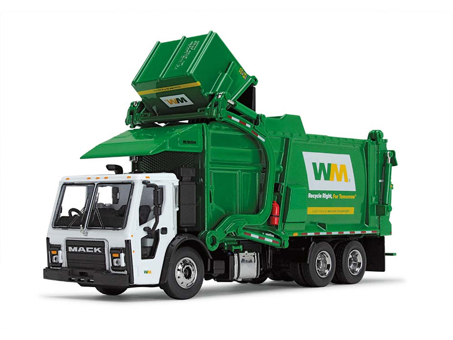 Mack LR Garbage Truck with McNeilus Meridian Front Load Refuse Body White and Green with Refuse Bin "Waste Management" 1/64 T&y Diecast Model by First Gear