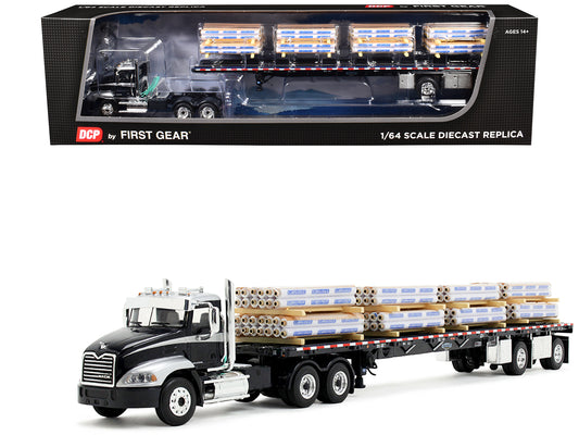 Mack Pinnacle Day Cab with Minimizer Parts & 53' Wilson Roadbrute Flatbed Trailer with "Carlisle Roofing" Loaded Pallets Black with Silver Top and Stripes 1/64 T&y Diecast Model by DCP/First Gear