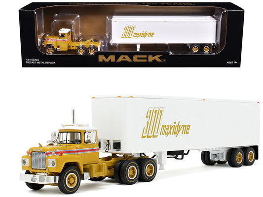 Mack R-Model Day Cab and 40' Vintage Trailer Yellow with Red Stripes and White Top "Mack Anniversary" 1/64 T&y Diecast Model by DCP/First Gear