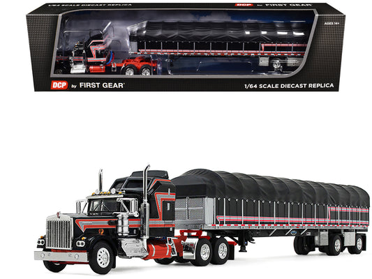 Kenworth W900A with 60" Aerodyne Sleeper and 53’ Wilson Roadbrute Flatbed Trailer with Covered Wagon Black with Red Stripes 1/64 T&y Diecast Model by DCP/First Gear