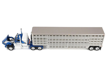 Kenworth W900A with 36" Sleeper and 45' Wilson Vintage Livestock Trailer Mariner Blue and White with Silver Trailer 1/64 Diecast Model by DCP/First Gear