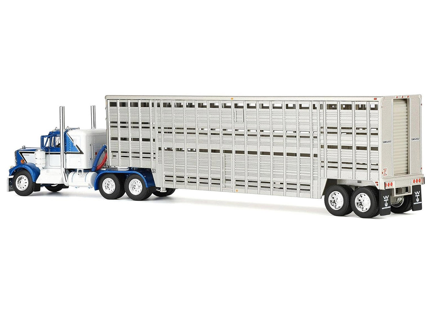 Kenworth W900A with 36" Sleeper and 45' Wilson Vintage Livestock Trailer Mariner Blue and White with Silver Trailer 1/64 Diecast Model by DCP/First Gear