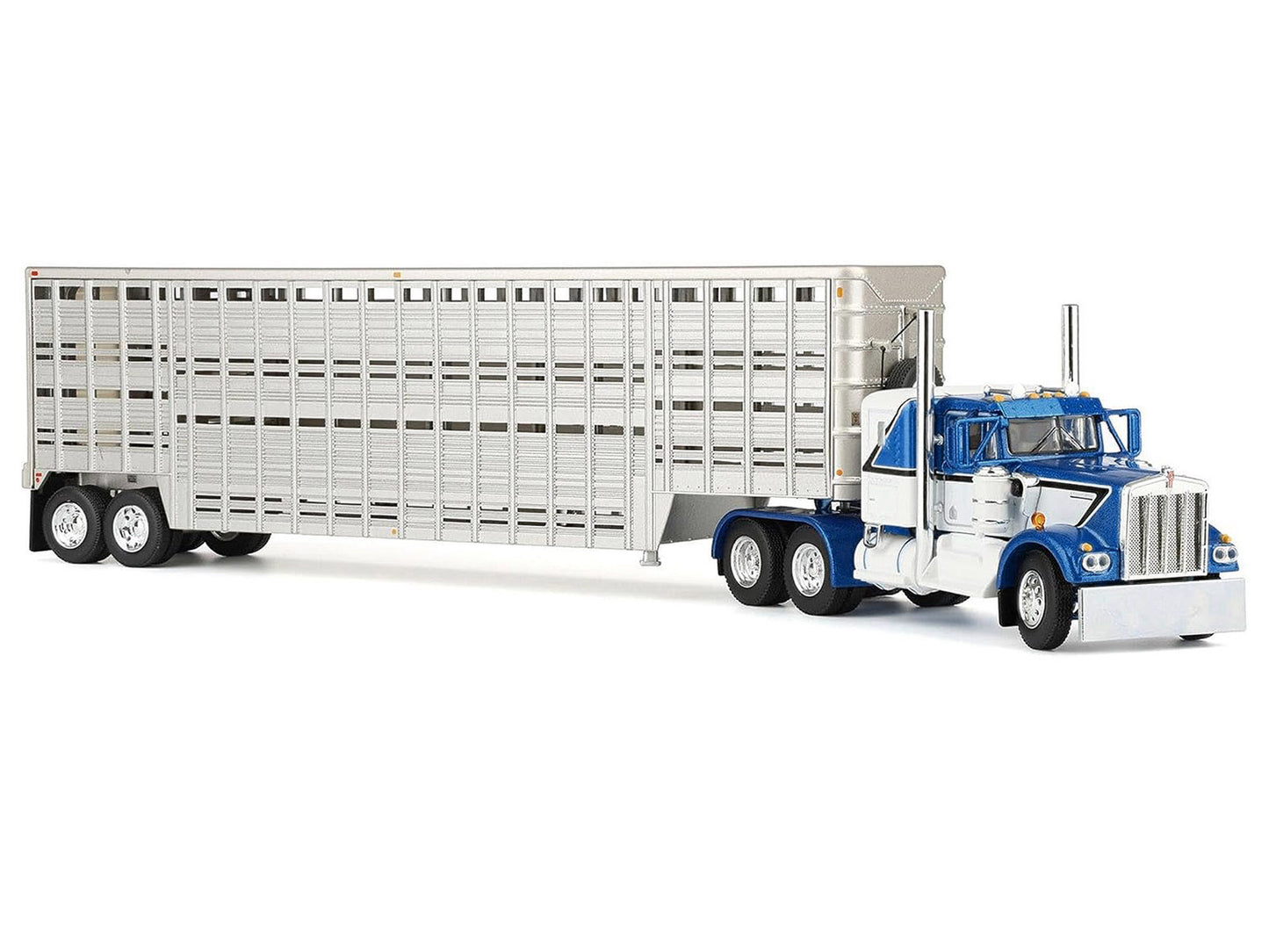 Kenworth W900A with 36" Sleeper and 45' Wilson Vintage Livestock Trailer Mariner Blue and White with Silver Trailer 1/64 Diecast Model by DCP/First Gear