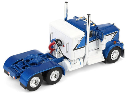 Kenworth W900A with 36" Sleeper and 45' Wilson Vintage Livestock Trailer Mariner Blue and White with Silver Trailer 1/64 Diecast Model by DCP/First Gear