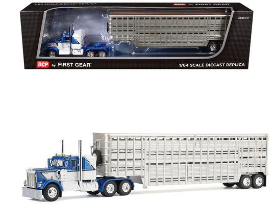 Kenworth W900A with 36" Sleeper and 45' Wilson Vintage Livestock Trailer Mariner Blue and White with Silver Trailer 1/64 T&y Diecast Model by DCP/First Gear