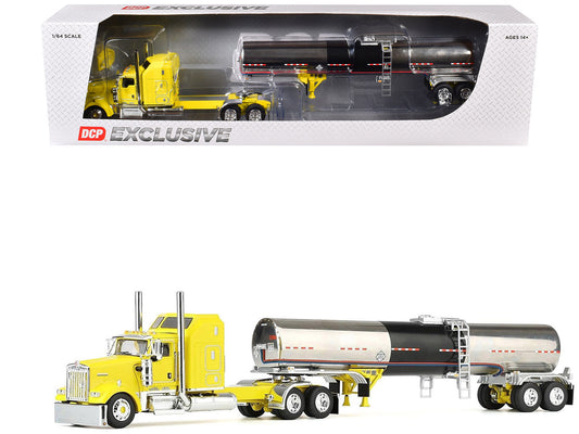 Kenworth W900L with 60" Aerodyne Sleeper and Brenner Tank Trailer "Double C Transport" Yellow 1/64 T&y Diecast Model by DCP/First Gear