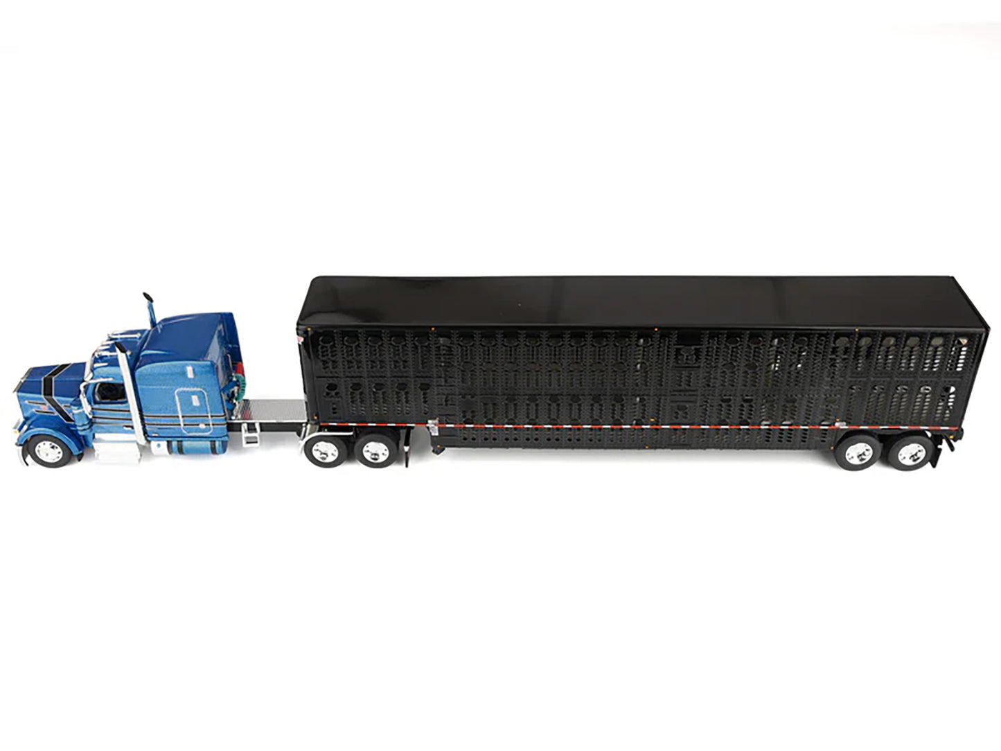 Peterbilt 589 with 72" Mid-Roof Sleeper and Wilson Silverstar Livestock Trailer Bright Blue with Black Stripes and Trailer 1/64 T&y Diecast Model by DCP/First Gear