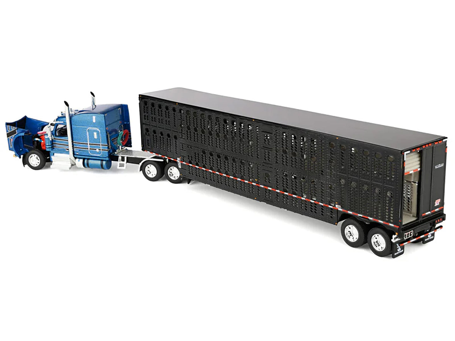 Peterbilt 589 with 72" Mid-Roof Sleeper and Wilson Silverstar Livestock Trailer Bright Blue with Black Stripes and Trailer 1/64 T&y Diecast Model by DCP/First Gear