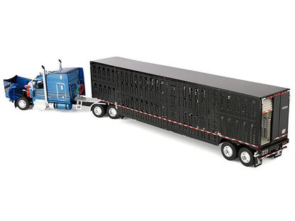 Peterbilt 589 with 72" Mid-Roof Sleeper and Wilson Silverstar Livestock Trailer Bright Blue with Black Stripes and Trailer 1/64 T&y Diecast Model by DCP/First Gear