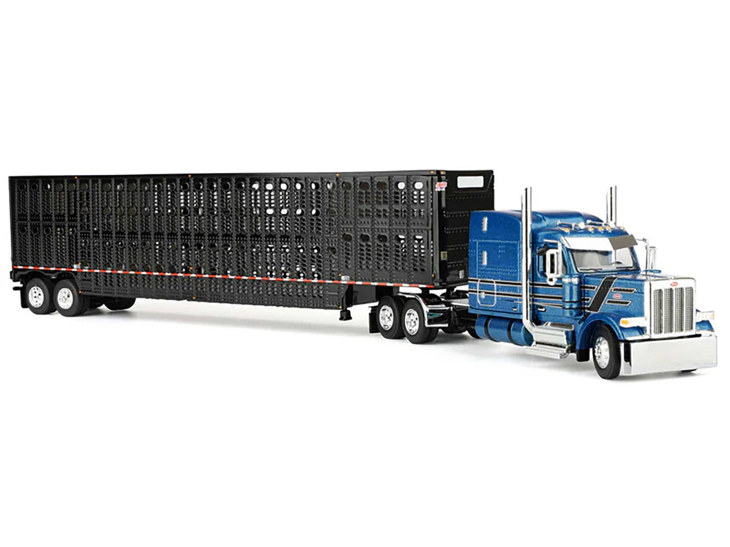 Peterbilt 589 with 72" Mid-Roof Sleeper and Wilson Silverstar Livestock Trailer Bright Blue with Black Stripes and Trailer 1/64 T&y Diecast Model by DCP/First Gear