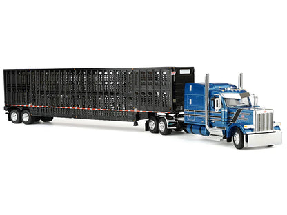 Peterbilt 589 with 72" Mid-Roof Sleeper and Wilson Silverstar Livestock Trailer Bright Blue with Black Stripes and Trailer 1/64 T&y Diecast Model by DCP/First Gear
