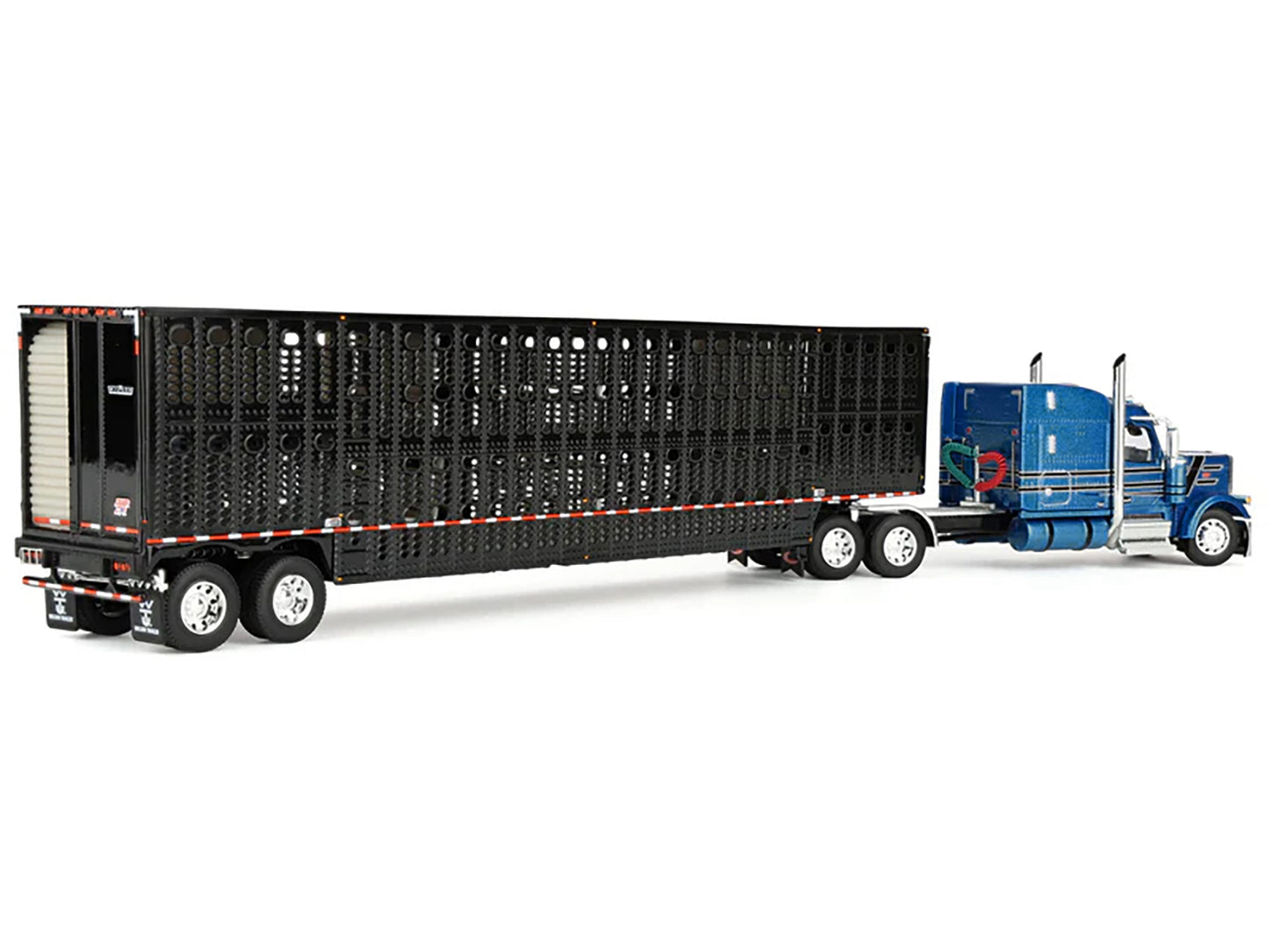 Peterbilt 589 with 72" Mid-Roof Sleeper and Wilson Silverstar Livestock Trailer Bright Blue with Black Stripes and Trailer 1/64 T&y Diecast Model by DCP/First Gear