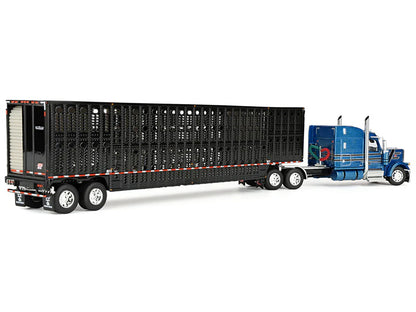 Peterbilt 589 with 72" Mid-Roof Sleeper and Wilson Silverstar Livestock Trailer Bright Blue with Black Stripes and Trailer 1/64 T&y Diecast Model by DCP/First Gear