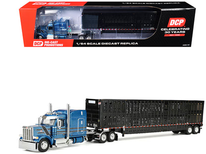 Peterbilt 589 with 72" Mid-Roof Sleeper and Wilson Silverstar Livestock Trailer Bright Blue with Black Stripes and Trailer 1/64 T&y Diecast Model by DCP/First Gear