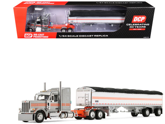 Peterbilt 589 with 58" Mid-Roof Sleeper and 50' Wilson Pacesetter Grain Trailer Silver Metallic with Orange Stripes 1/64 T&y Diecast Model by DCP/First Gear