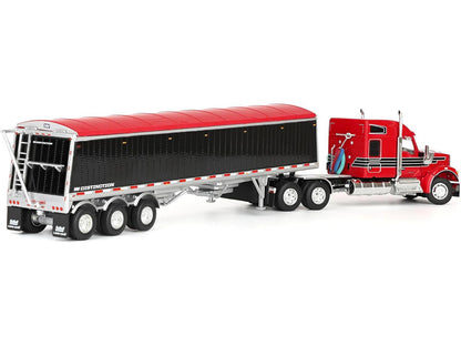Kenworth W990 with 76" Mid-Roof Sleeper and Lode King Distinction Hopper Trailer Red and Black 1/64 Diecast Model by DCP/First Gear