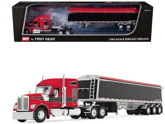 Kenworth W990 with 76" Mid-Roof Sleeper and Lode King Distinction Hopper Trailer Red and Black 1/64 T&y Diecast Model by DCP/First Gear
