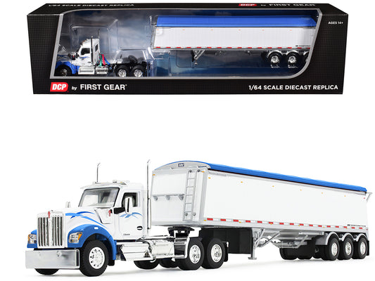 Kenworth W990 Day Cab and Lode King Distinction Hopper Trailer White and Blue 1/64 T&y Diecast Model by DCP/First Gear