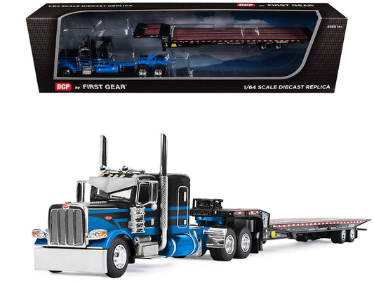 Peterbilt 389 with 48" Flat Top Sleeper and Landoll 440B-50CA Traveling Axle Trailer Black with Blue Stripes 1/64 T&y Diecast Model by DCP/First Gear