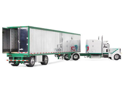 Peterbilt 389 with 63" Mid-Roof Sleeper and 53' Utility Trailer White with Green Stripes 1/64 Diecast Model by DCP/First Gear
