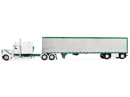 Peterbilt 389 with 63" Mid-Roof Sleeper and 53' Utility Trailer White with Green Stripes 1/64 Diecast Model by DCP/First Gear