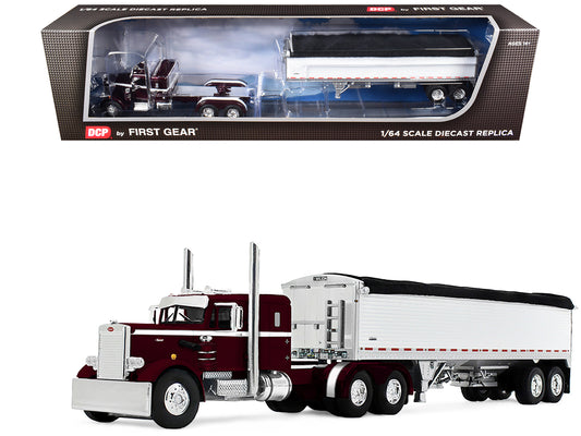 Peterbilt 351 with 36" Sleeper and 34' Wilson Pacesetter Grain Trailer Dark Cherry with White Stripes 1/64 T&y Diecast Model by DCP/First Gear