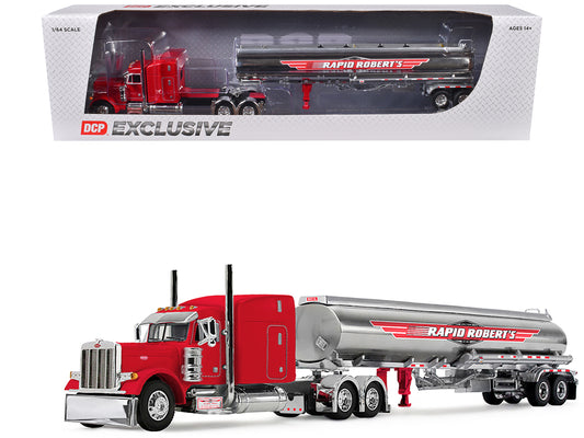 Peterbilt 379 with 63" Mid-Roof Sleeper and Heil Fuel Tank Trailer "Rapid Roberts" Red 1/64 T&y Diecast Model by DCP/First Gear