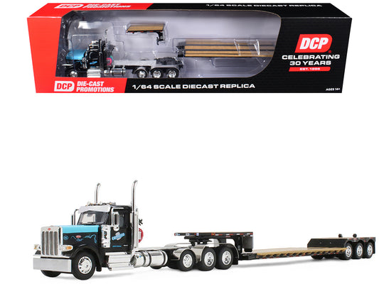 Peterbilt 589 Day Cab and Fontaine Renegade LXT40 Lowboy Trailer with Fliptail "Cappello Heavy Transport" Black with Light Blue Hood 1/64 T&y Diecast Model by DCP/First Gear