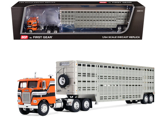 Freightliner COE and 45' Wilson Vintage Livestock Trailer Orange with Stripes 1/64 T&y Diecast Model by DCP/First Gear
