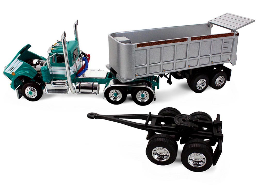 Kenworth W900A Day Cab with 22' Dual End Dump Trailers Turquoise with White Stripes 1/64 Diecast Model by DCP/First Gear