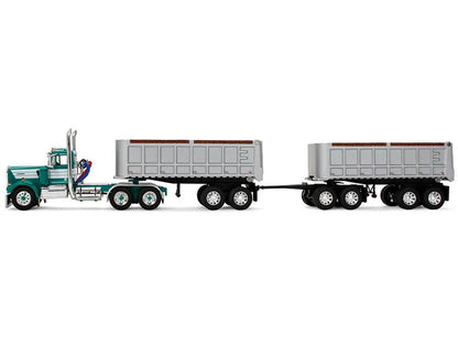 Kenworth W900A Day Cab with 22' Dual End Dump Trailers Turquoise with White Stripes 1/64 Diecast Model by DCP/First Gear