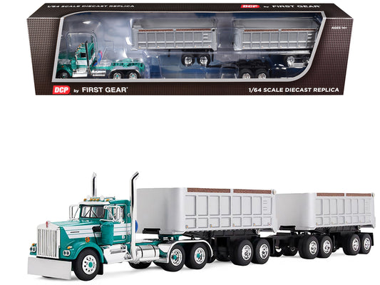Kenworth W900A Day Cab with 22' Dual End Dump Trailers Turquoise with White Stripes 1/64 T&y Diecast Model by DCP/First Gear
