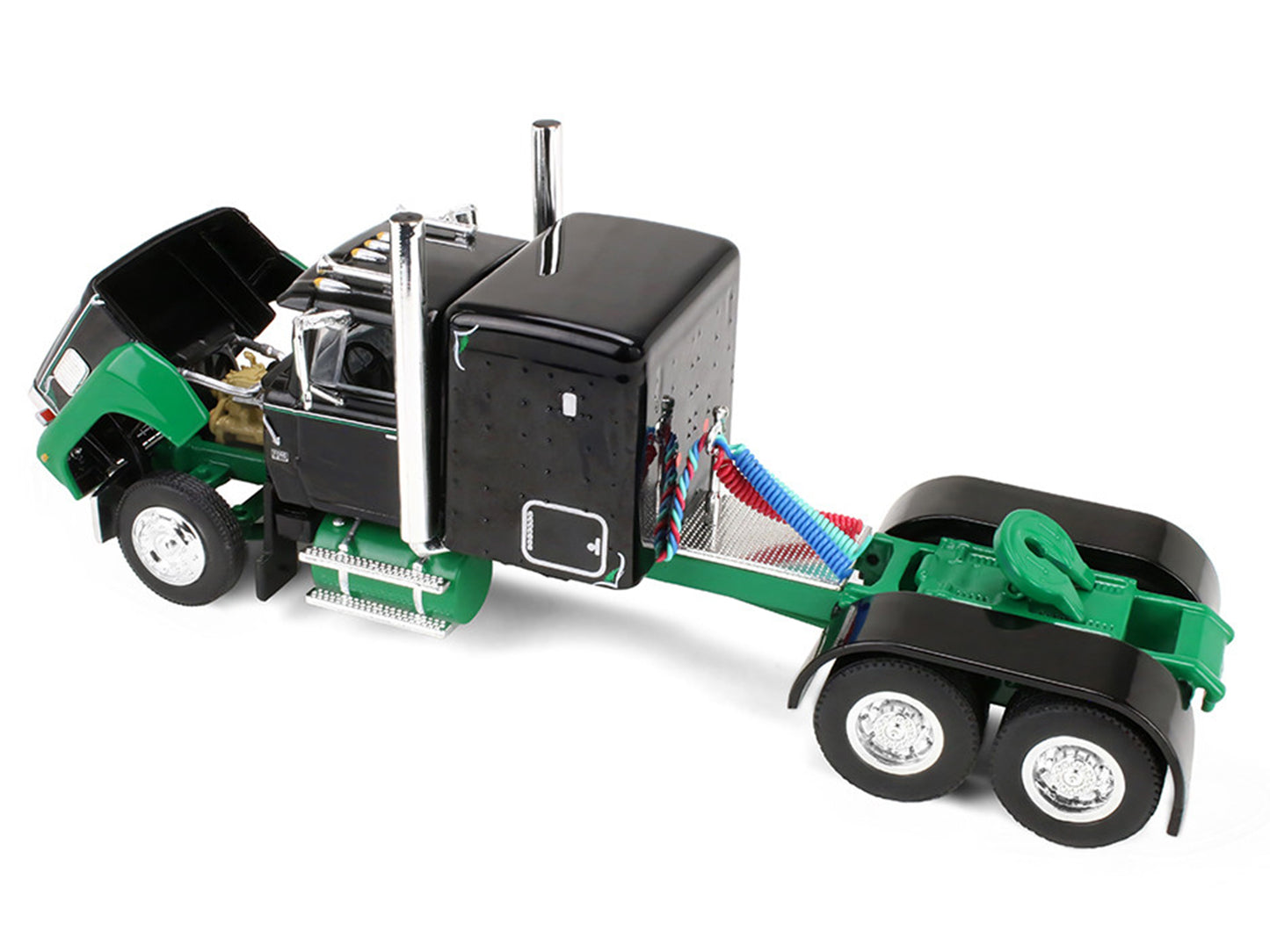 Ford LTL 9000 with 60" Flat Top Sleeper and 45' Wilson Vintage Livestock Trailer Black and Green 1/64 Diecast Model by DCP/First Gear
