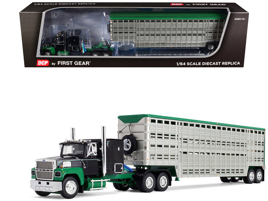 Ford LTL 9000 with 60" Flat Top Sleeper and 45' Wilson Vintage Livestock Trailer Black and Green 1/64 T&y Diecast Model by DCP/First Gear