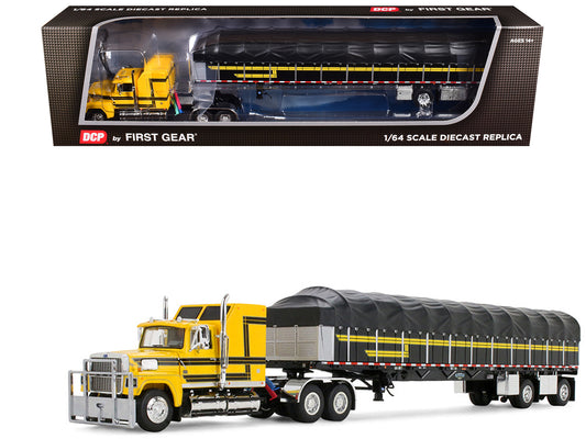 Ford LTL 9000 with 60" Aerodyne Sleeper and 53' Wilson Roadbrute Flatbed Trailer with Covered Wagon Yellow with Black Stripes 1/64 T&y Diecast Model by DCP/First Gear