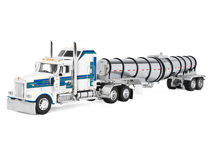 Kenworth W900L with 60" Aerodyne Sleeper and Polar Deep Drop Trailer White with Blue and Green Stripes 1/64 Diecast Model by DCP/First Gear
