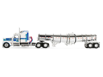 Kenworth W900L with 60" Aerodyne Sleeper and Polar Deep Drop Trailer White with Blue and Green Stripes 1/64 Diecast Model by DCP/First Gear