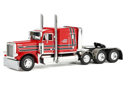 Peterbilt 379 with 63" Flat Top Sleeper and Fontaine Magnitude Lowboy Trailer with Fliptail "Anty Trucking & Rigging" Red with Black Stripes 1/64 T&y Diecast Model by DCP/First Gear