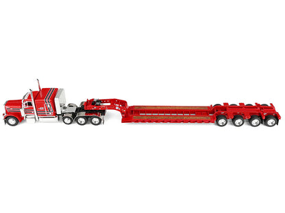 Peterbilt 379 with 63" Flat Top Sleeper and Fontaine Magnitude Lowboy Trailer with Fliptail "Anty Trucking & Rigging" Red with Black Stripes 1/64 T&y Diecast Model by DCP/First Gear