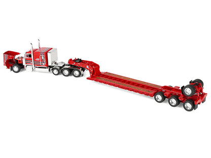 Peterbilt 379 with 63" Flat Top Sleeper and Fontaine Magnitude Lowboy Trailer with Fliptail "Anty Trucking & Rigging" Red with Black Stripes 1/64 T&y Diecast Model by DCP/First Gear