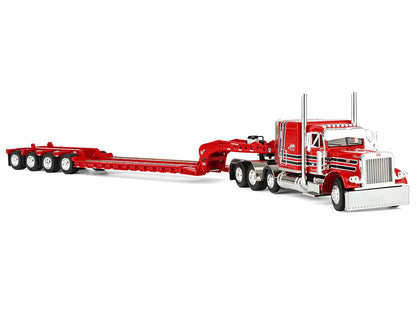 Peterbilt 379 with 63" Flat Top Sleeper and Fontaine Magnitude Lowboy Trailer with Fliptail "Anty Trucking & Rigging" Red with Black Stripes 1/64 T&y Diecast Model by DCP/First Gear