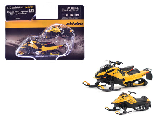 Ski-Doo MXZ Blizzard (Trail Segment) Neo Yellow and Ski-Doo MXZ 120cc (Kid's Model) Neo Yellow Set of 2 Snowmobiles 1/32 T&y Diecast Models by BRP Models