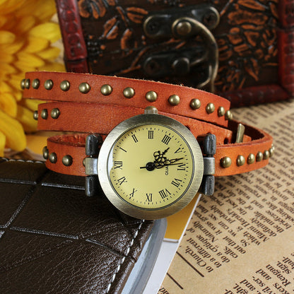 Fashionable Rivet Leather Belt Retro Watch Hand Chain-Orangered Durab
