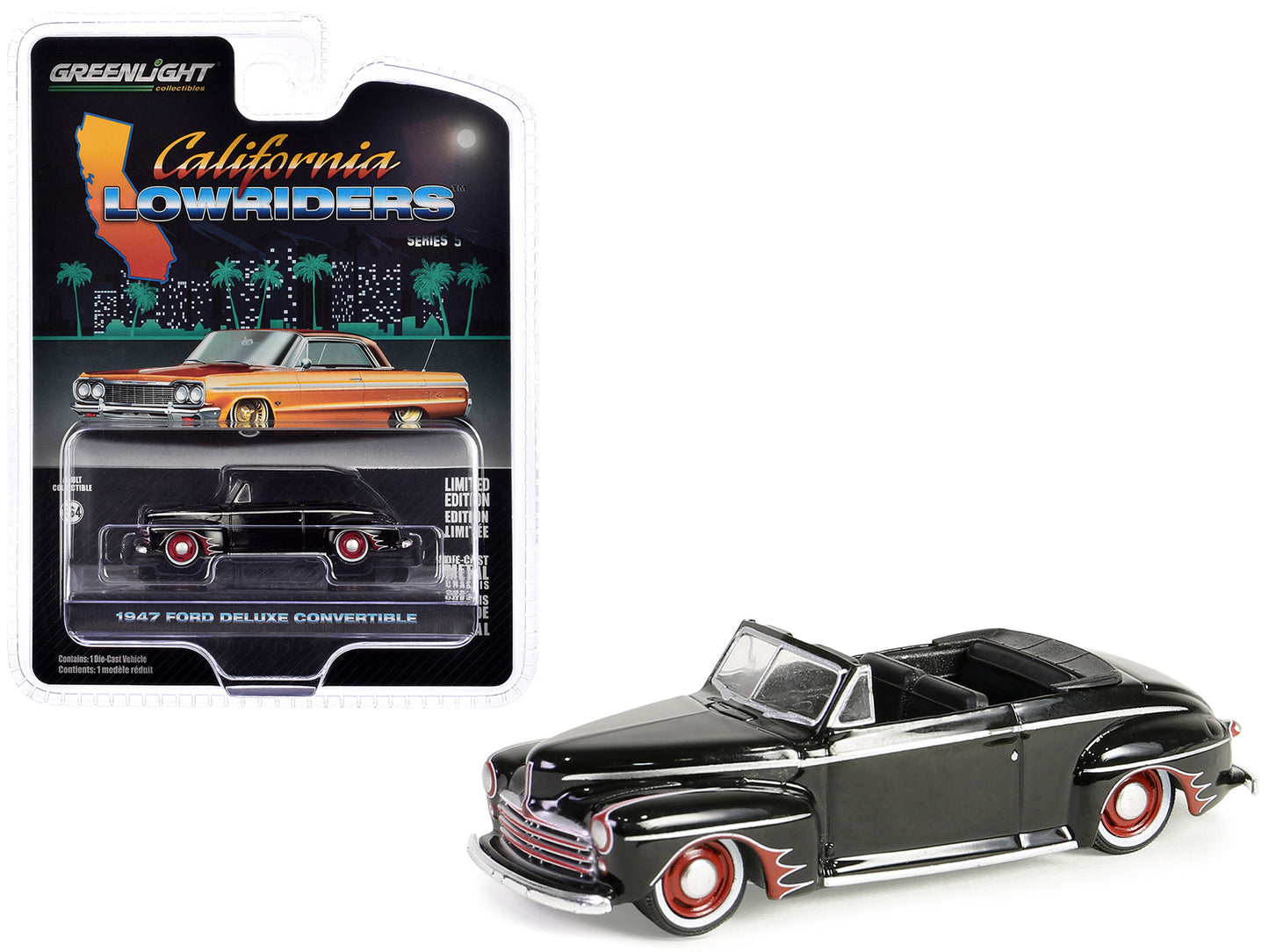 GreenLight 1947 Ford Deluxe Convertible Lowrider Black wit h Red Graphics "California Lowriders" Series 5 1/64 Diecast Model Car by <h2>1947 Greenlight</h2> <p>High-quality perfect for collectors and