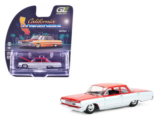 1964 Chevrolet Biscayne Lowrider Silver Metallic and Red Two-Tone "California Lowriders" Series 7 1/64 T&y Diecast Model Car by Greenlight
