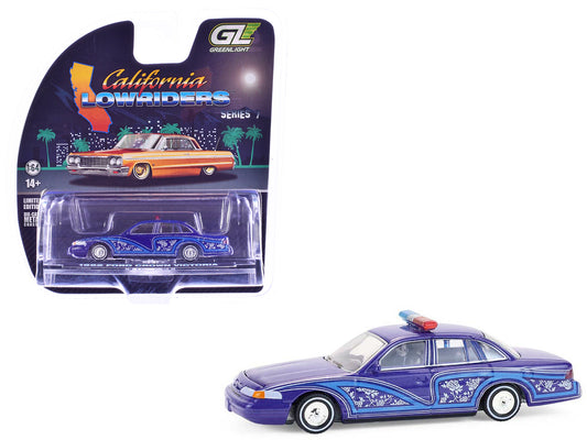 1992 Ford Crown Victoria Lowrider Blue with Graphics and Lightbar "California Lowriders" Series 7 1/64 T&y Diecast Model Car by Greenlight